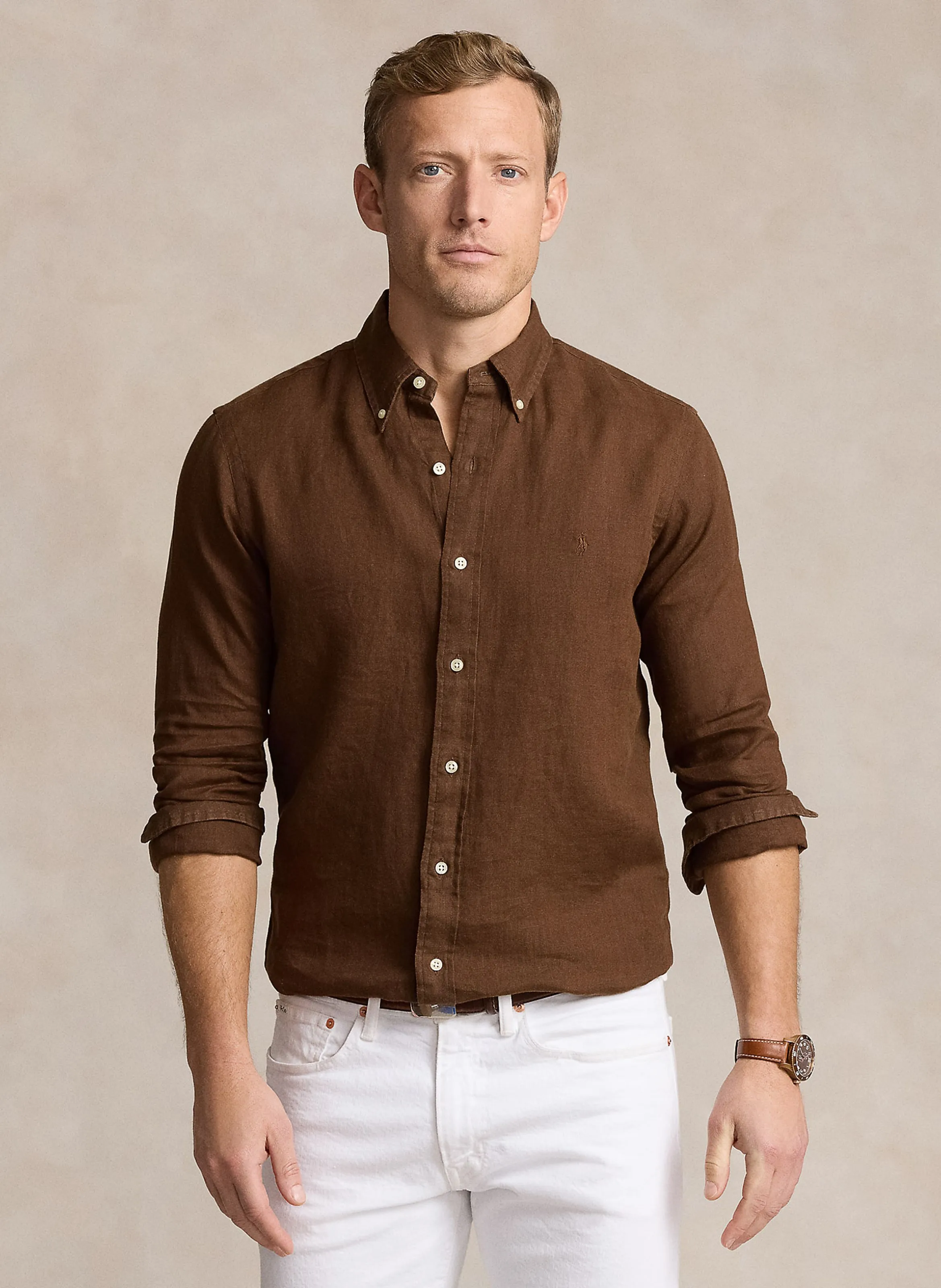 POLO RALPH LAUREN Camisa regular fit de lino con cuello americano en marron