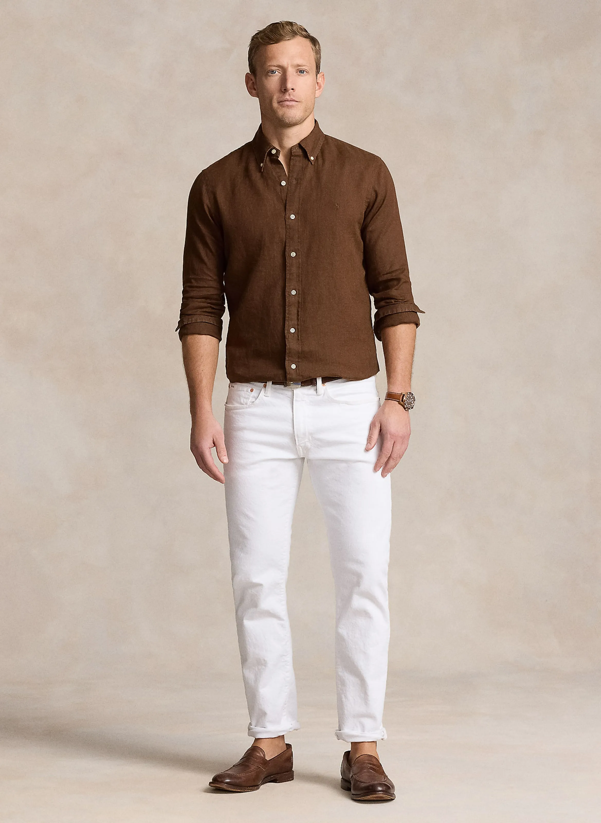 POLO RALPH LAUREN Camisa regular fit de lino con cuello americano en marron