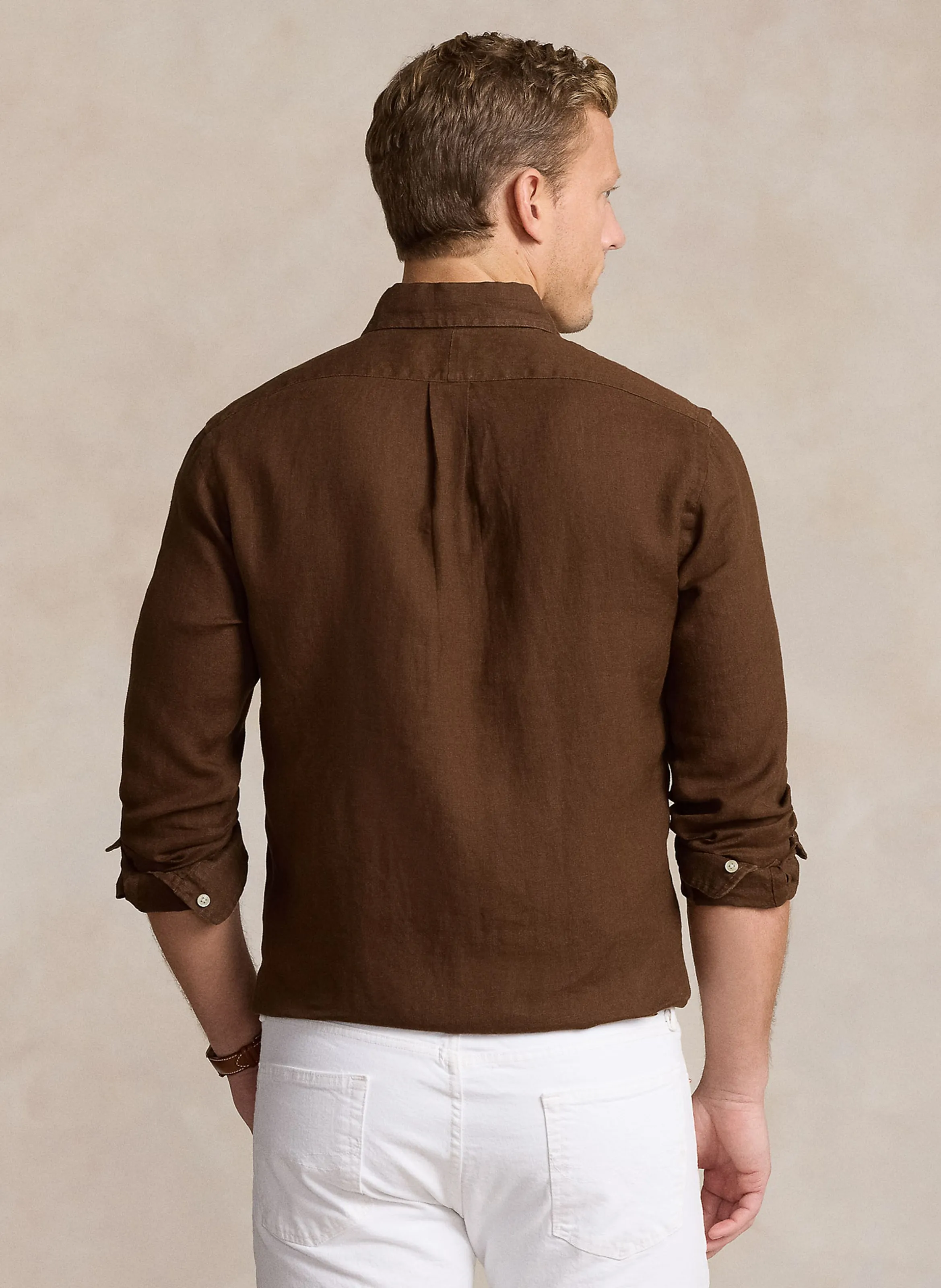 POLO RALPH LAUREN Camisa regular fit de lino con cuello americano en marron